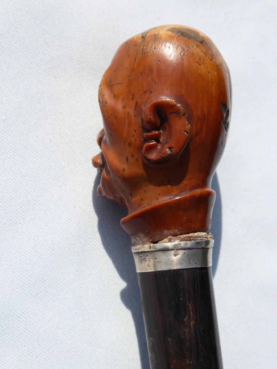 Walking Cane Ivory Handle Carved, Silver Ring, Chinese Head / Asian Caricature-photo-2