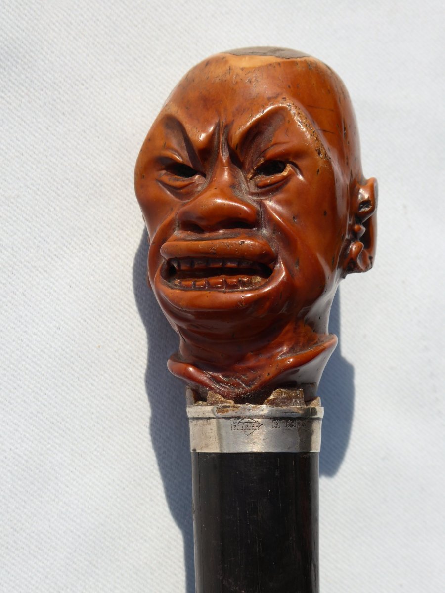 Walking Cane Ivory Handle Carved, Silver Ring, Chinese Head / Asian Caricature