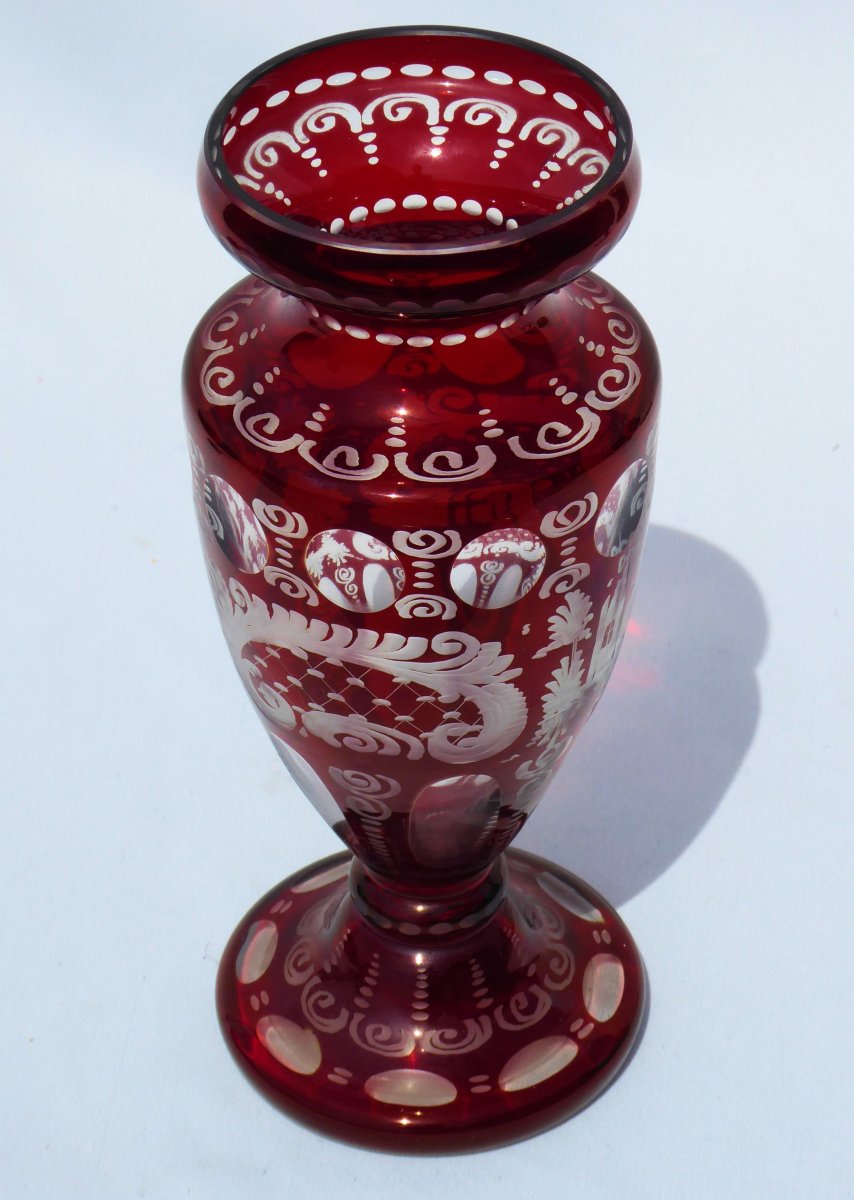 Vase &agrave; Bulbe  Jacinthe &eacute;poque Napol&eacute;on III , Cristal De Boheme , Rouge Grenat XIXe-photo-1