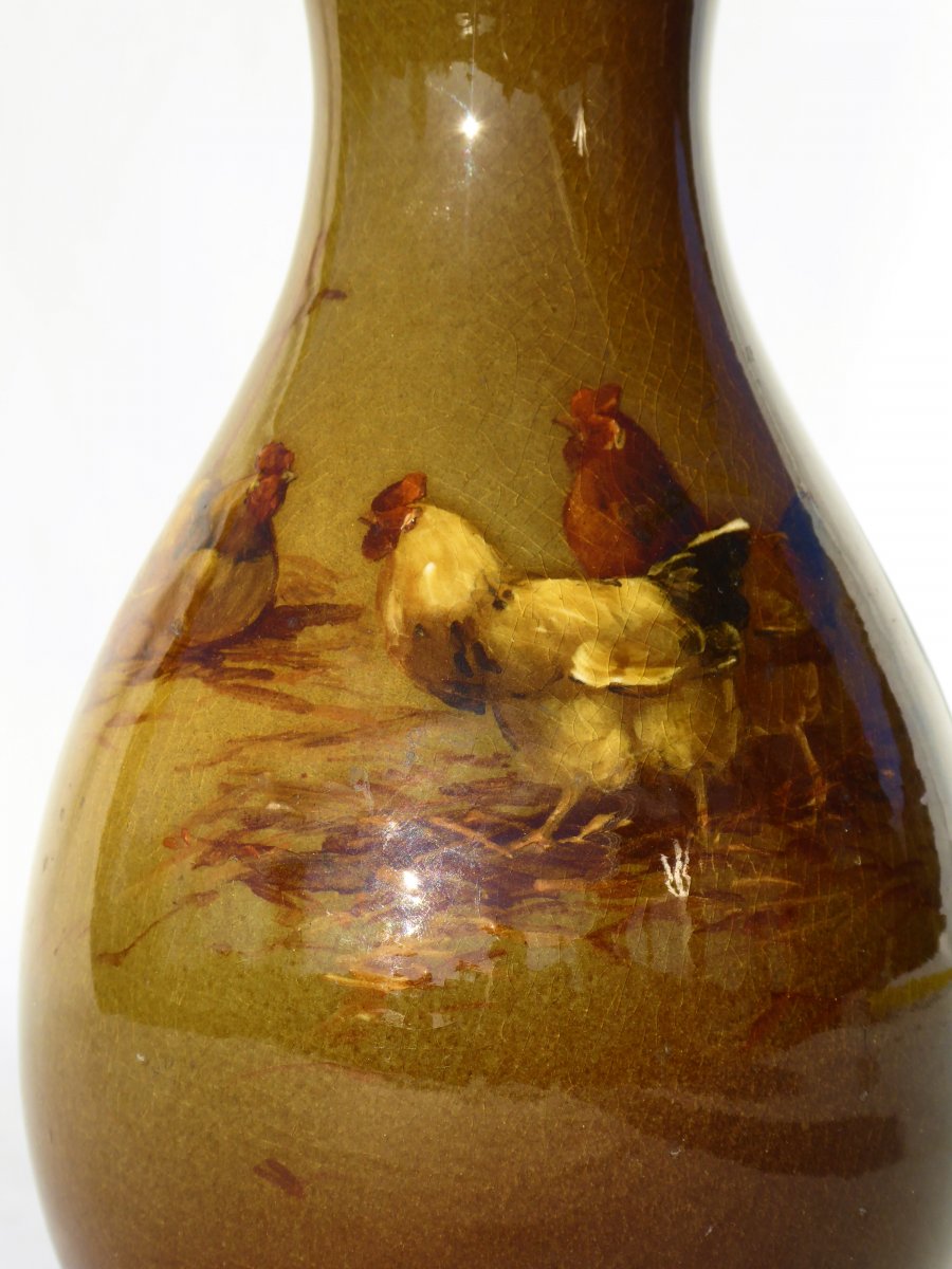 Vase En Faience Impressionniste , Choisy Le Roi XIXe Hippolyte Boulanger , Décor De Coq & Poule-photo-2