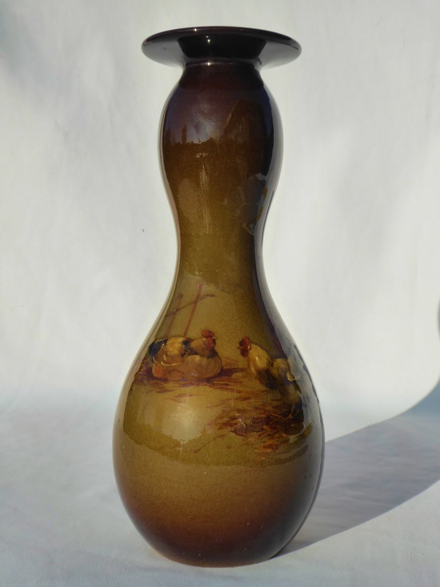 Vase En Faience Impressionniste , Choisy Le Roi XIXe Hippolyte Boulanger , Décor De Coq & Poule-photo-4