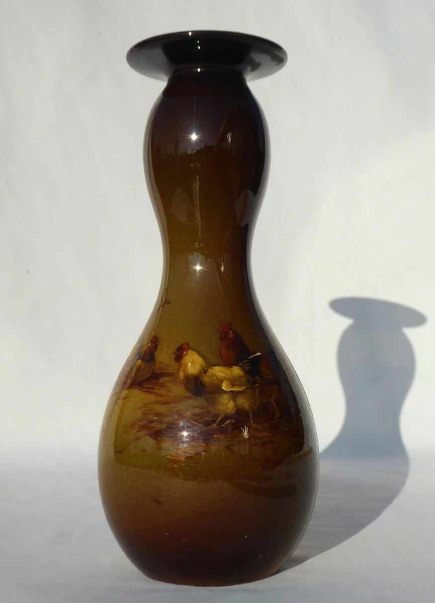 Vase En Faience Impressionniste , Choisy Le Roi XIXe Hippolyte Boulanger , Décor De Coq & Poule