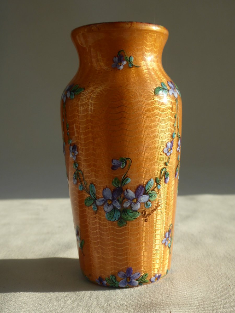 Vase Emaillé époque Art Nouveau , Limoges Décor De Violettes , Signé Gamet 1910-1920 émail-photo-2
