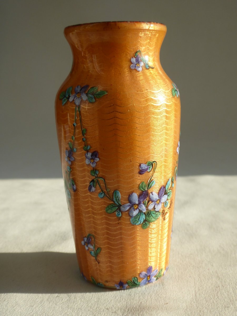 Vase Emaillé époque Art Nouveau , Limoges Décor De Violettes , Signé Gamet 1910-1920 émail-photo-4