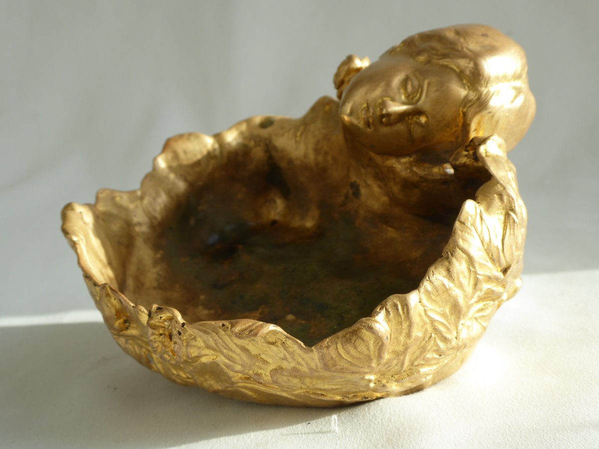 Vide Poche En Bronze Doré , Epoque Art Nouveau , Jeune Femme Et Iris , Coupe 1900 Signée M-photo-6