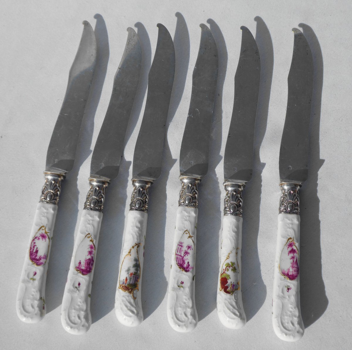 Serie De 6 Couteaux à Fruit Lame Argent Manche Porcelaine Allemande Dresden Meissen Epoque XIXe-photo-2
