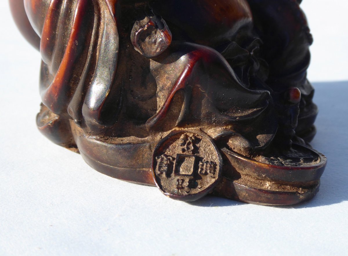 Sculpture Asiatique En Bois Exotique XIXe , Bouddha / Budai Souriant Asie-photo-3
