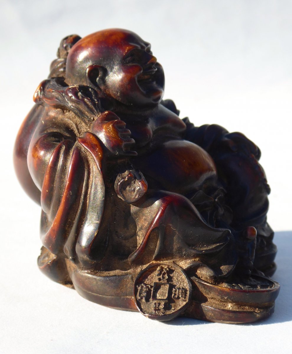 Sculpture Asiatique En Bois Exotique XIXe , Bouddha / Budai Souriant Asie-photo-4