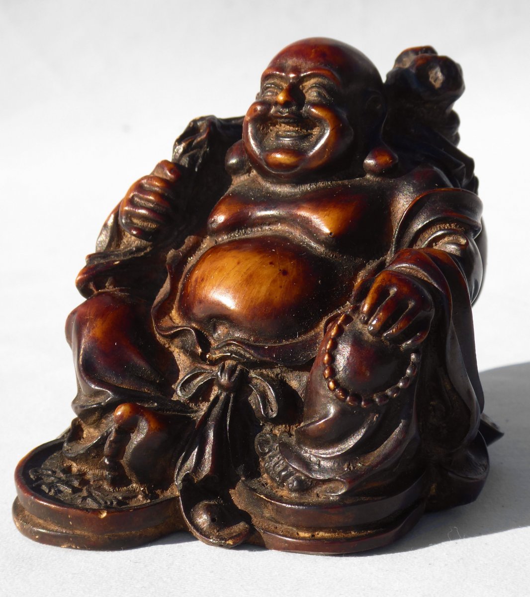 Sculpture Asiatique En Bois Exotique XIXe , Bouddha / Budai Souriant Asie