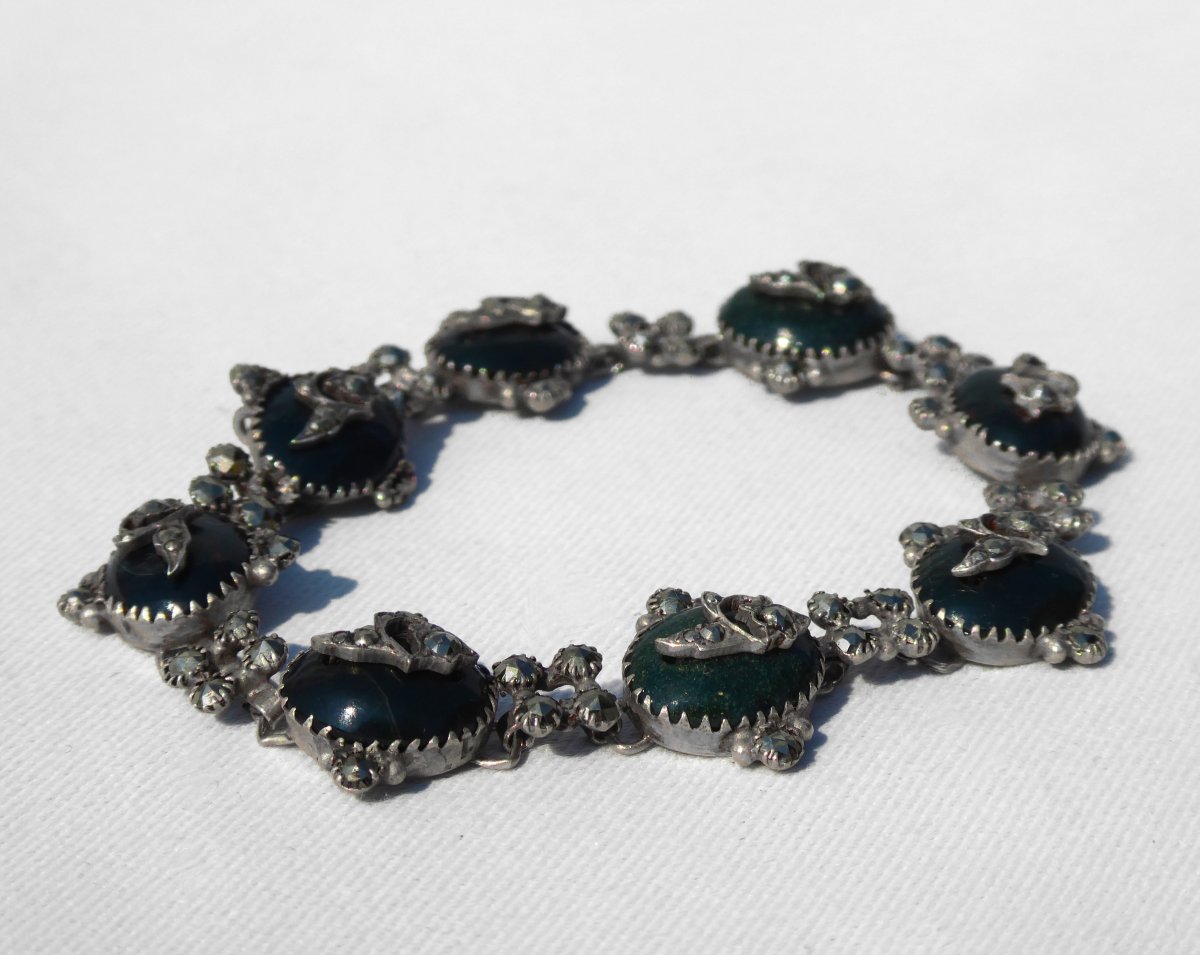 Napoleon III Bracelet Jasper Heliotrope & Berlin Steel, Green Pearls Empire Jewel Nineteenth-photo-4