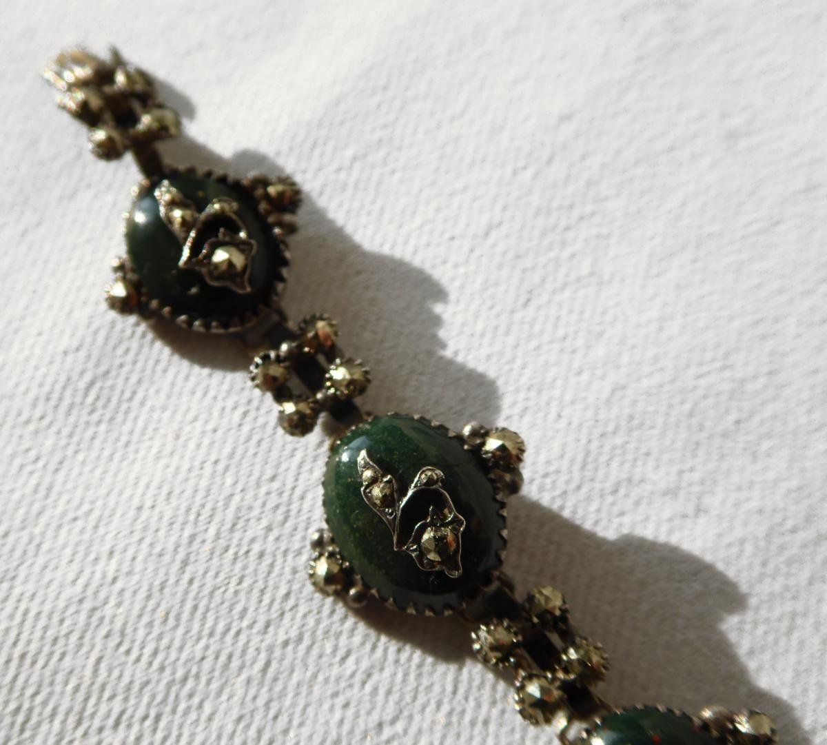 Napoleon III Bracelet Jasper Heliotrope & Berlin Steel, Green Pearls Empire Jewel Nineteenth-photo-6