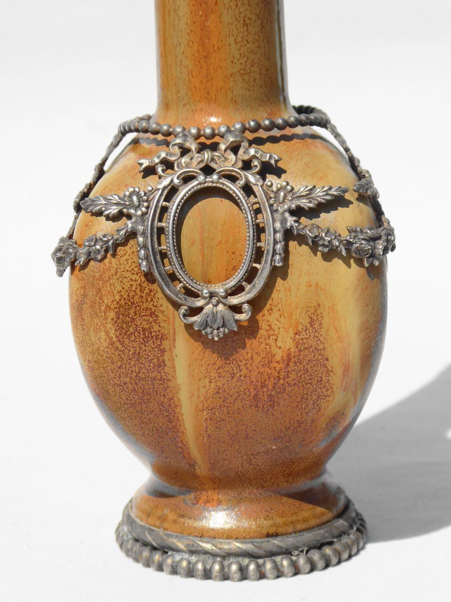 Vase Soliflore En Grès Emaillé & Metal Argenté , Art Nouveau , Denbac , Dalpayrat 1900 Gres-photo-3
