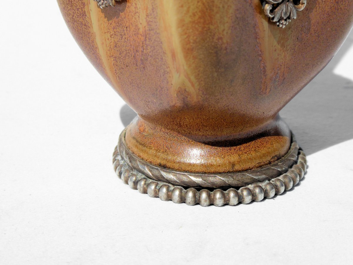 Vase Soliflore En Grès Emaillé & Metal Argenté , Art Nouveau , Denbac , Dalpayrat 1900 Gres-photo-3