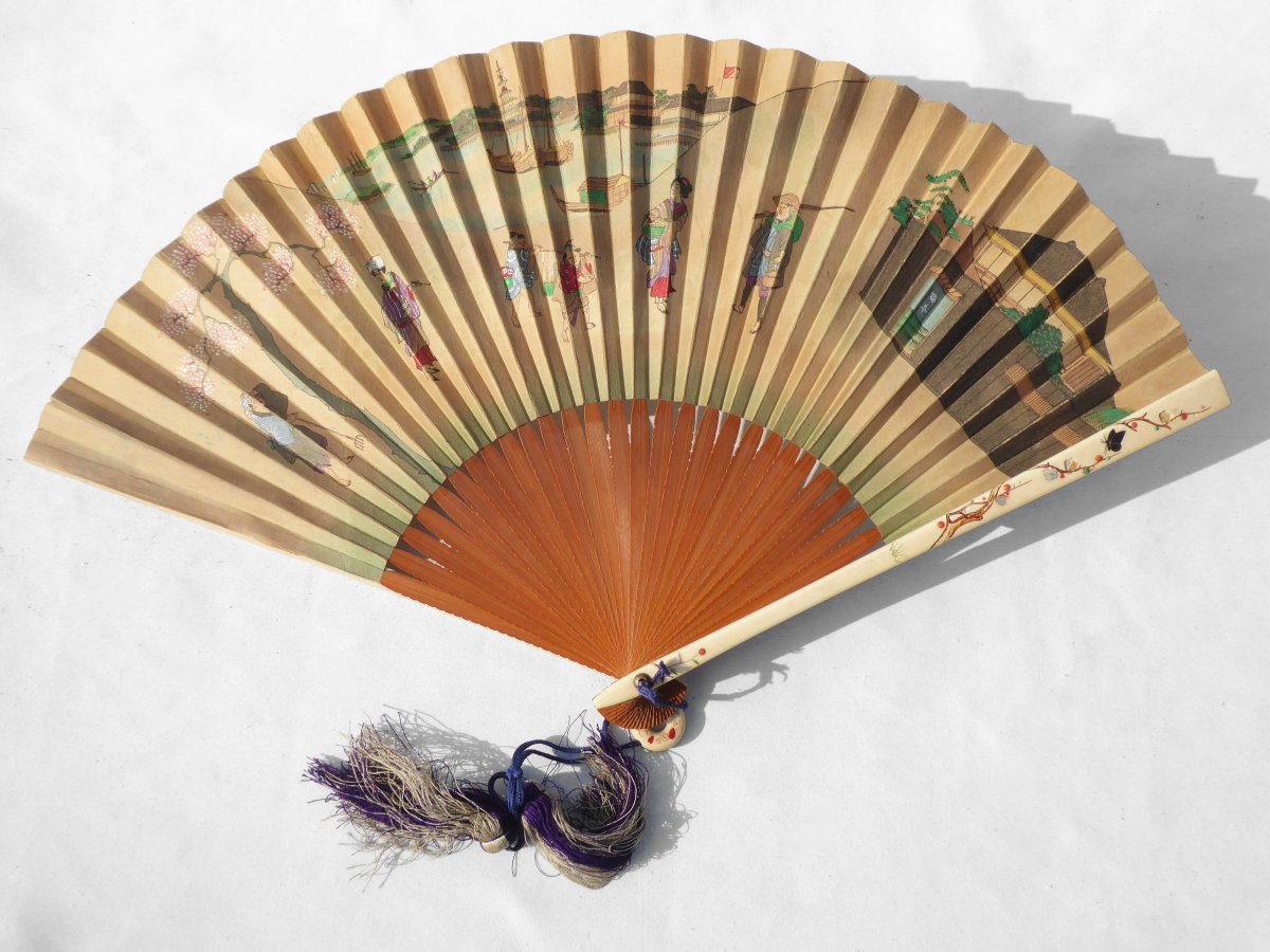 Fan From Japan, Wood Frame, Ivory & Mother Of Pearl 1890 Fan Print Asia XIXth-photo-2