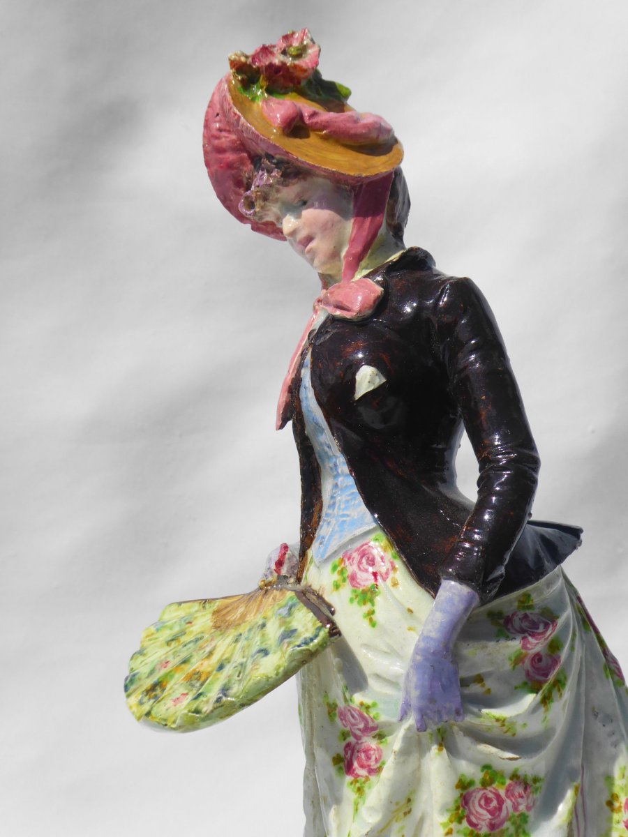 Impressionist Faience Sculpture Montigny Sur Loing Fan 1880 XIXth Woman In Majolica Dress-photo-1