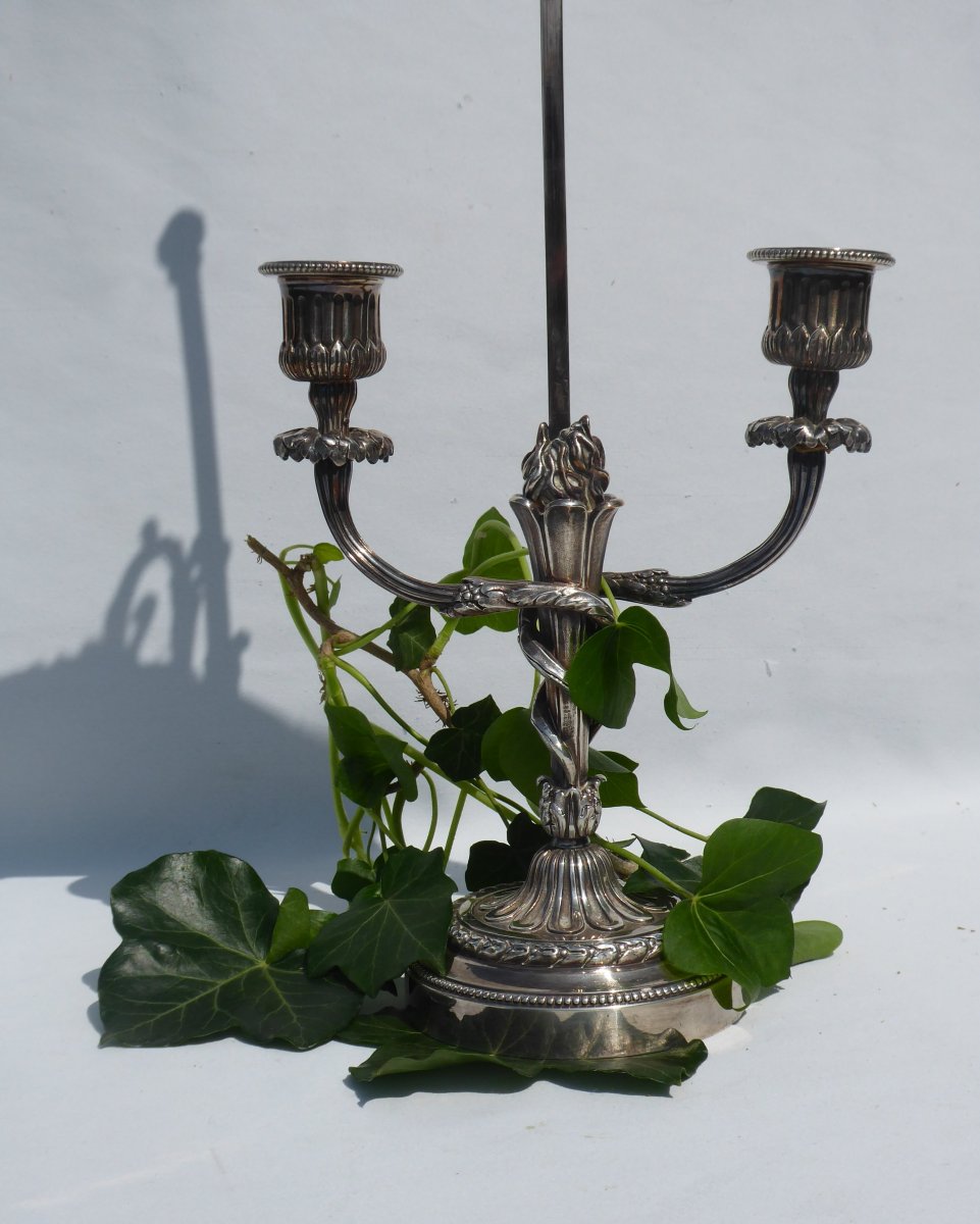 Bougeoir Bronze Argenté Style Louis XVI Pare Flamme / étincelles Napoléon III XIXe Chandelier-photo-3