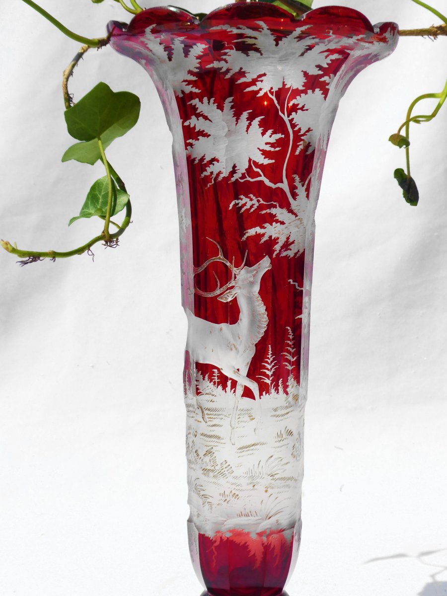 Grand Vase En Cristal Gravé De Bohême , Rouge Rubis , Décor De Cerf , XIXe Napoléon III Vénerie-photo-4