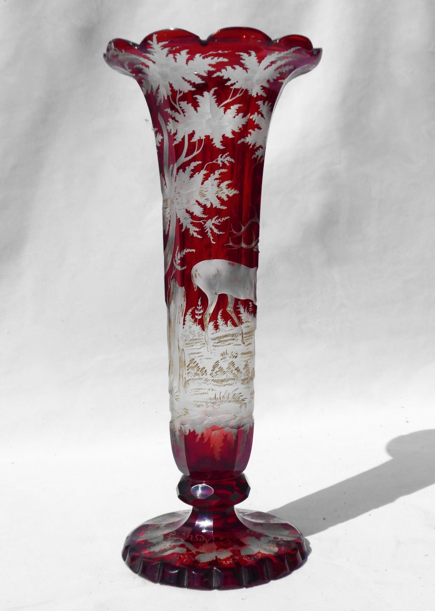 Grand Vase En Cristal Gravé De Bohême , Rouge Rubis , Décor De Cerf , XIXe Napoléon III Vénerie-photo-2