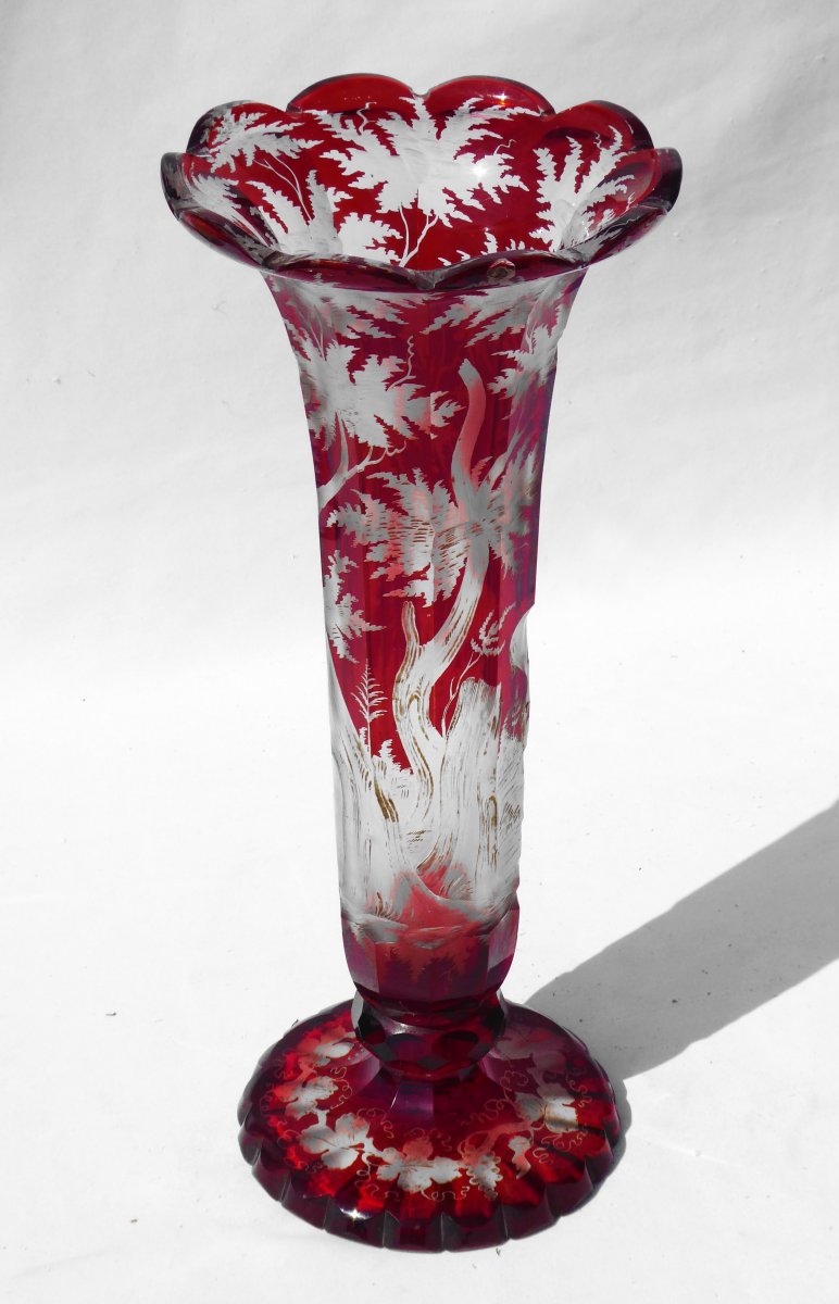 Grand Vase En Cristal Gravé De Bohême , Rouge Rubis , Décor De Cerf , XIXe Napoléon III Vénerie-photo-3