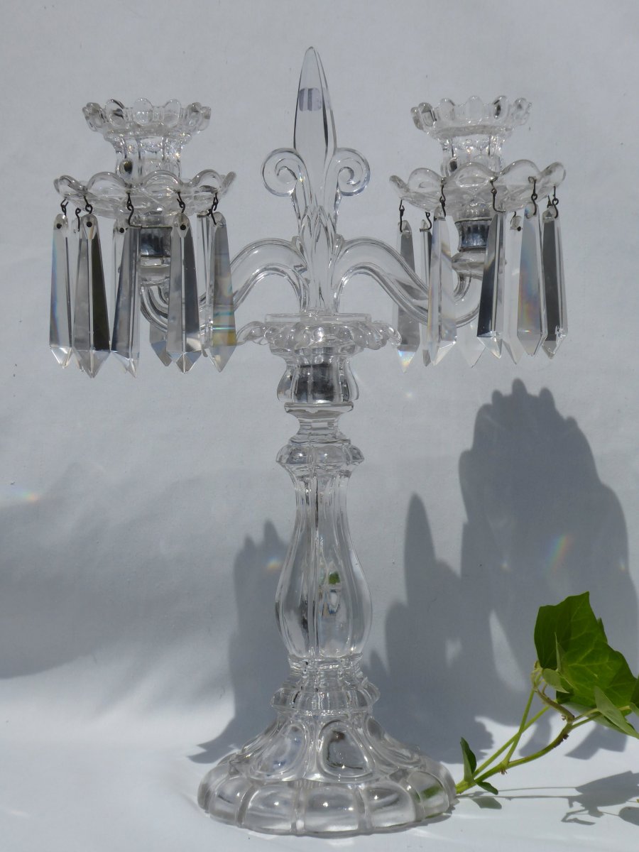 Paire De Chandeliers / Candelabres Cristal De Saint Louis Chandelier Fleur De Lys Royaliste XIX-photo-2