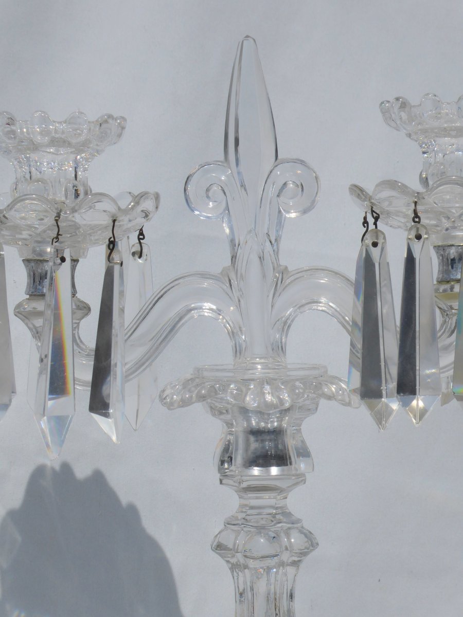 Paire De Chandeliers / Candelabres Cristal De Saint Louis Chandelier Fleur De Lys Royaliste XIX-photo-4