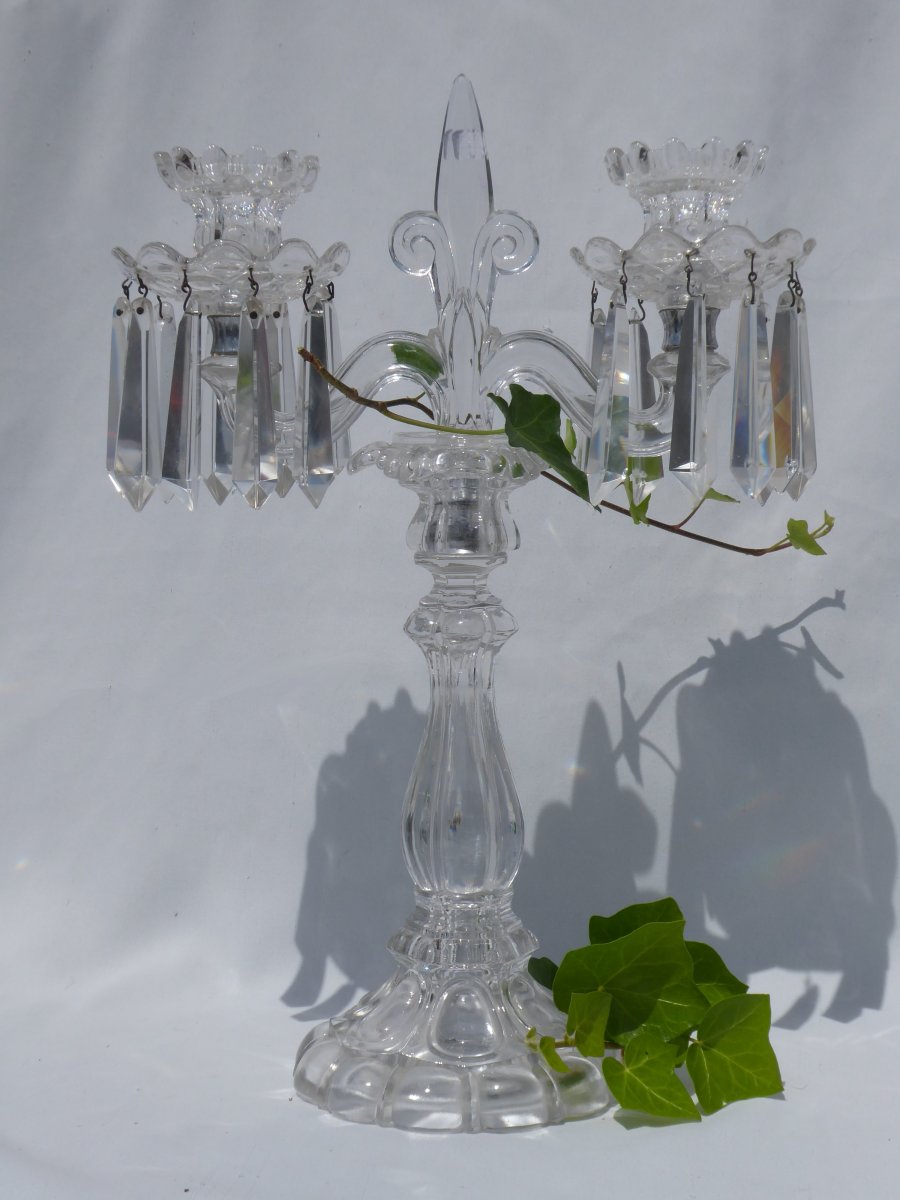 Paire De Chandeliers / Candelabres Cristal De Saint Louis Chandelier Fleur De Lys Royaliste XIX-photo-2