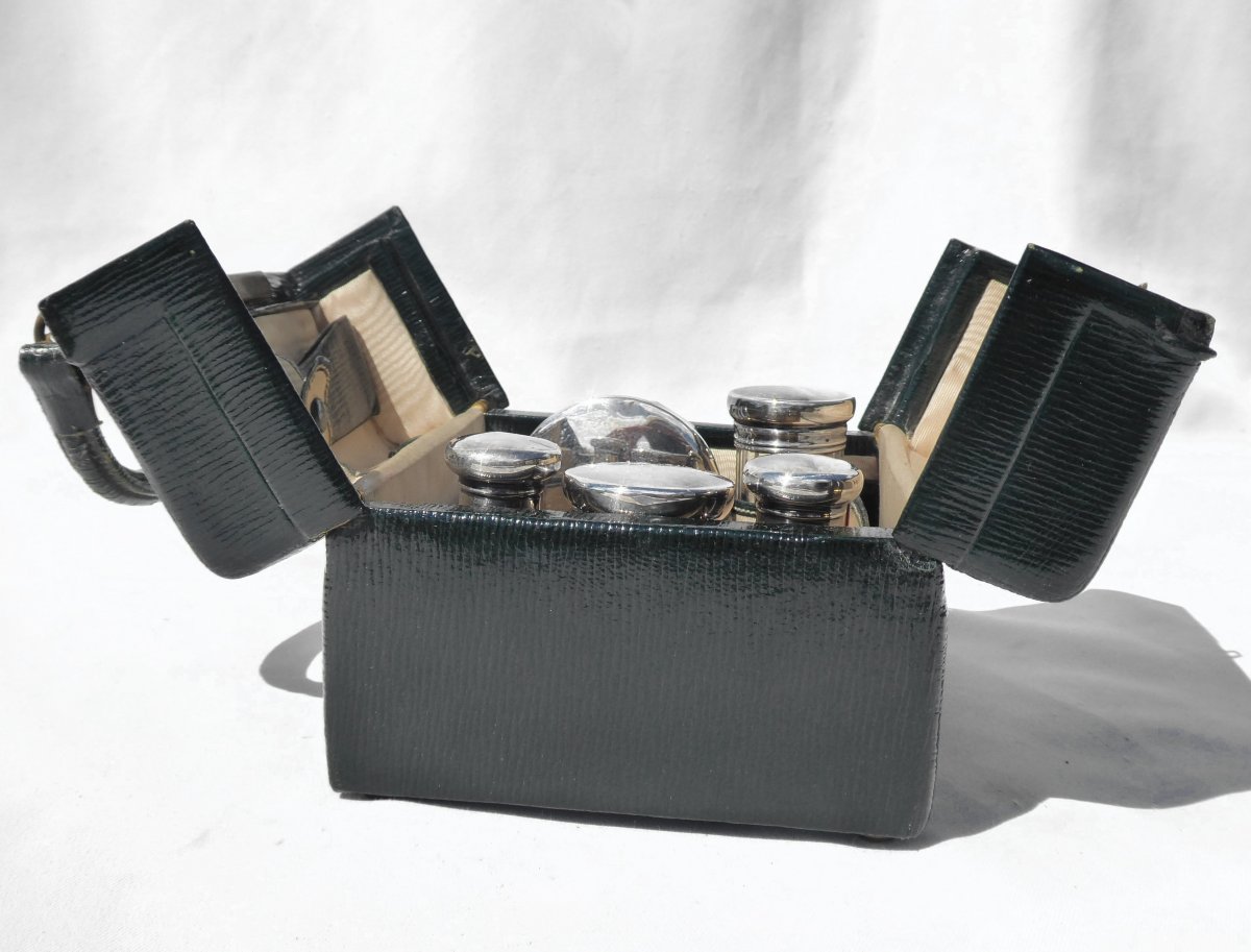 Valise De Voyage En Cuir , XIXe Malette , Flacons à Parfum En Cristal & Argent Massif Vanity-photo-1