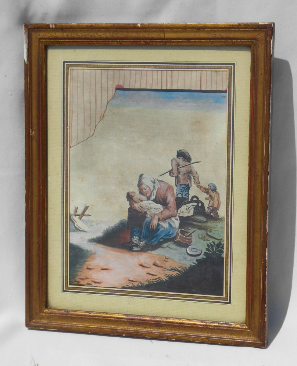 Watercolor / Gouache Trompe l'Oeil XIXth Century Optical Illusion Eighteenth Style Frame