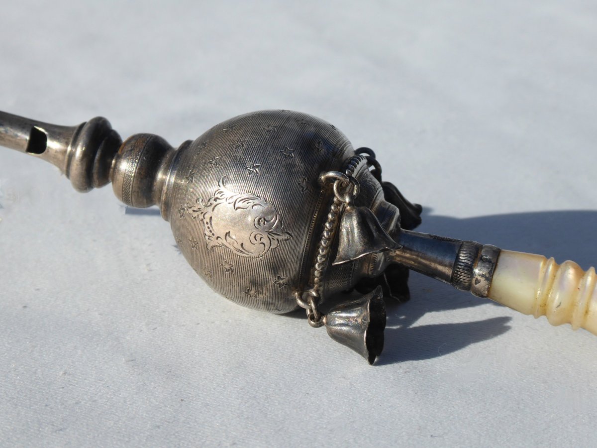 Antique Solid Silver Baby Rattle Victorian French Toy -photo-2