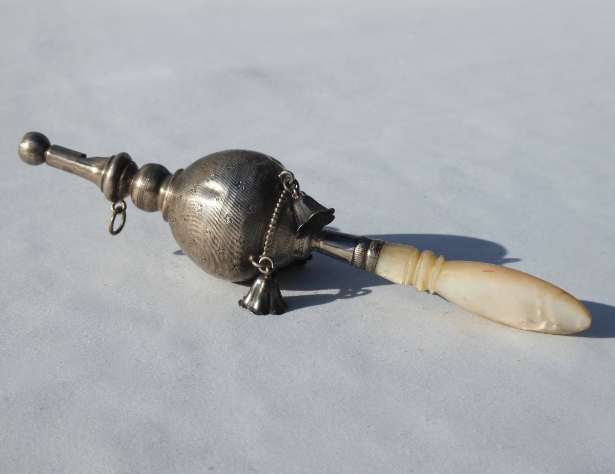 Antique Solid Silver Baby Rattle Victorian French Toy 