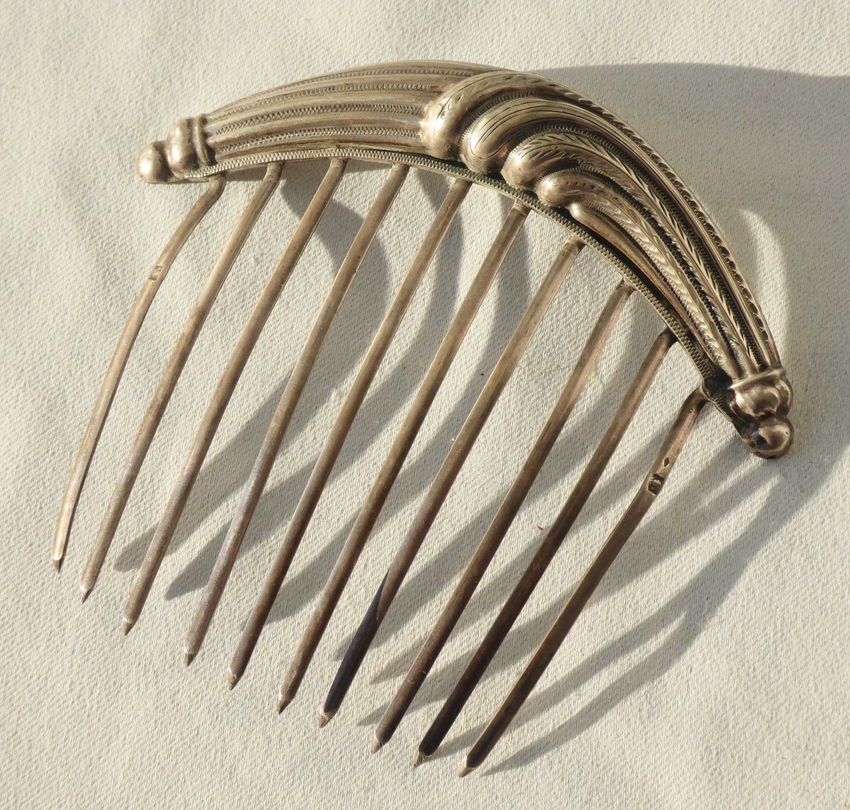 Hair Comb In Sterling Silver, Feather Decor Restoration Style France Jewelry Tiare XIXe-photo-2