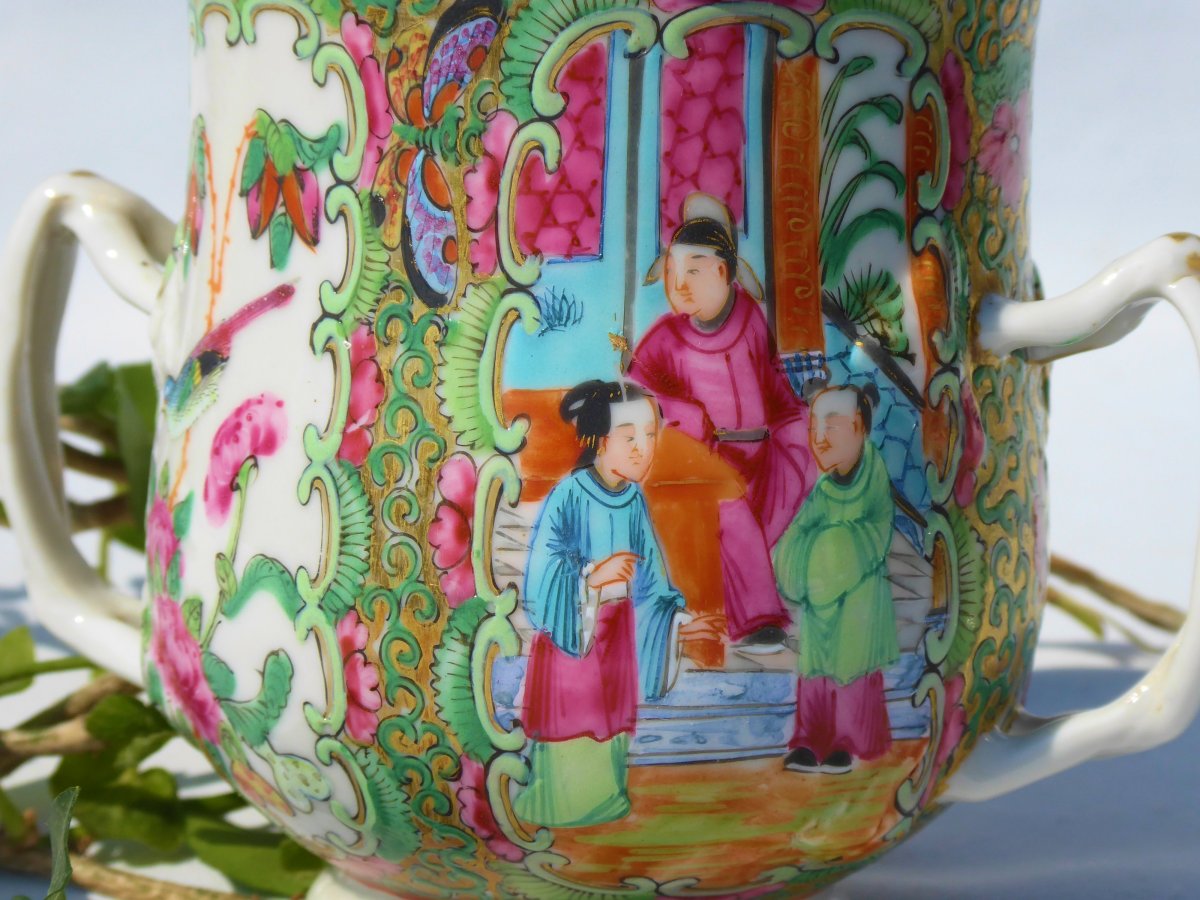 Tasse Couverte à Anses En Porcelaine De Canton XIXe , Chine , Sucrier -photo-3