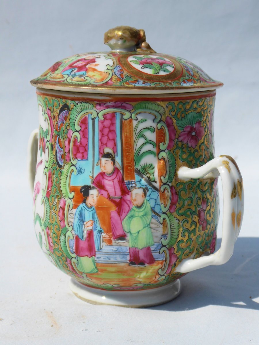 Tasse Couverte à Anses En Porcelaine De Canton XIXe , Chine , Sucrier -photo-3