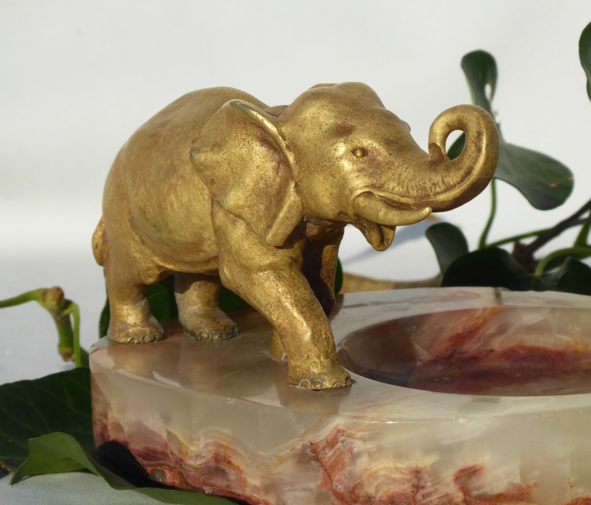 Empty Pocket In Gilt Bronze, Marble, Elephant Trompe Raised Around 1920 Animal Subject-photo-4