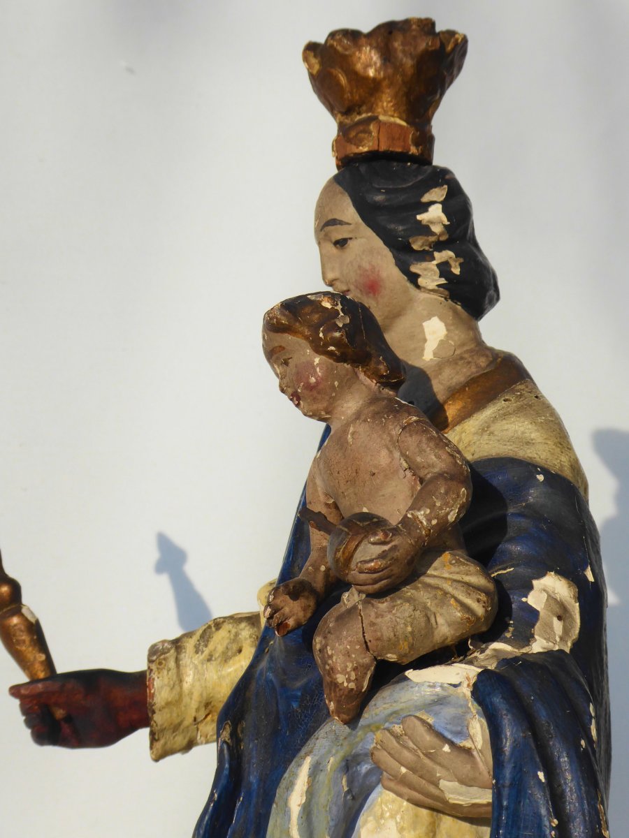 Vierge à l'Enfant , Epoque XVIIIe Siecle , Bois Polychrome Sculpté Religieux , Majesté Baroque-photo-2
