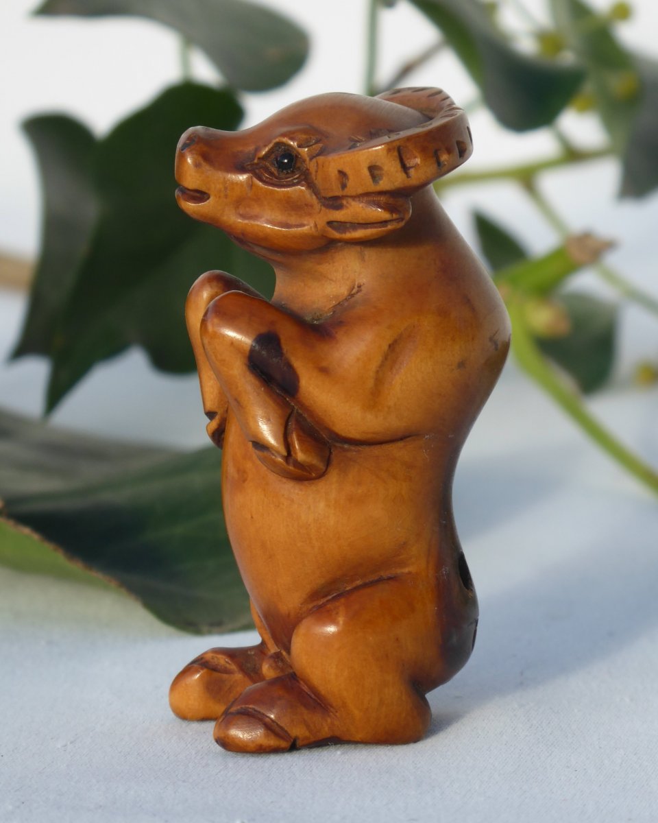 Netsuke En Bois Sculpté , Yeux En Sulfure , Sujet Animalier , Buffle Début XXe Siecle-photo-2