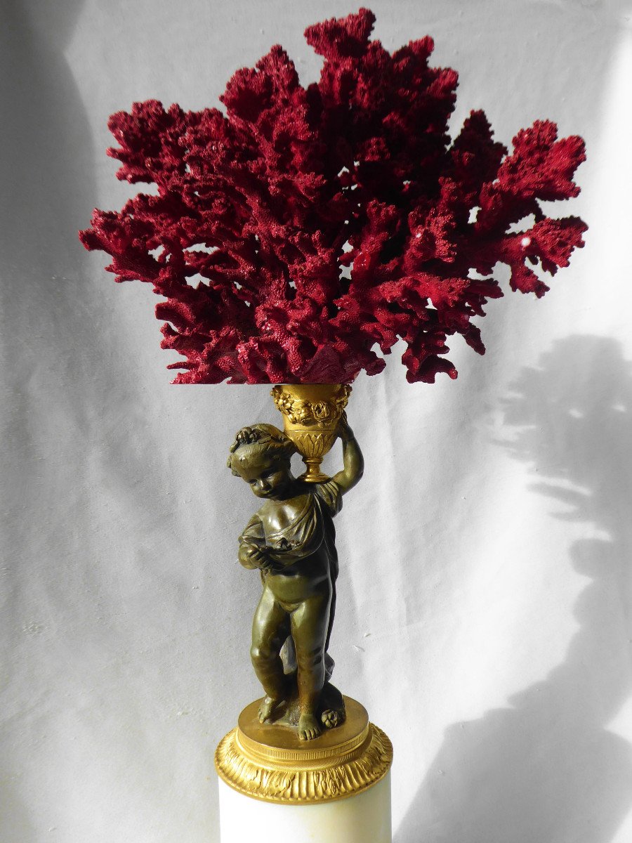 Object Of Curiosity Napoleon III, Bronze Marble & Coral Angelot XIXth Group Sculpture-photo-1