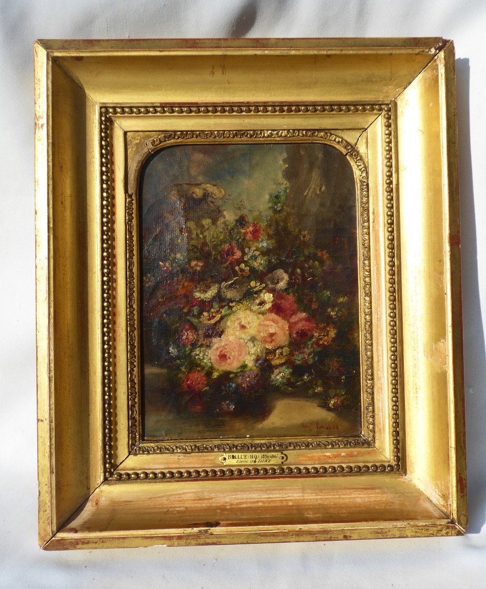 Oil On Canvas Bouquet Of Flowers, Napoleon III Period Signed Hippolyte Ballue Diaz Nineteenth
