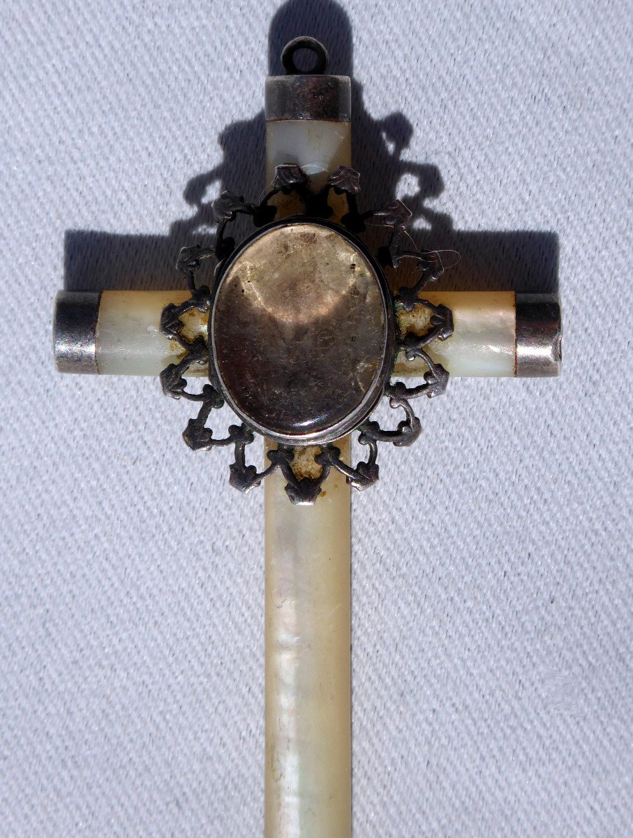 Croix Reliquaire En Nacre & Argent Massif , Porte Medaillon , Pendentif XIXe Bijou Napoléon III-photo-2