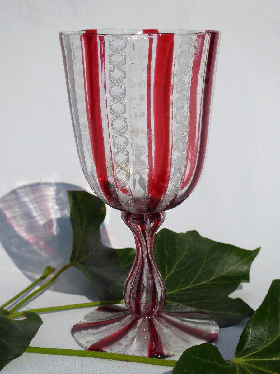 Wine / Water Glass On Foot Epoque Nineteenth Century, Murano Or Clichy, Napoleon III, Red