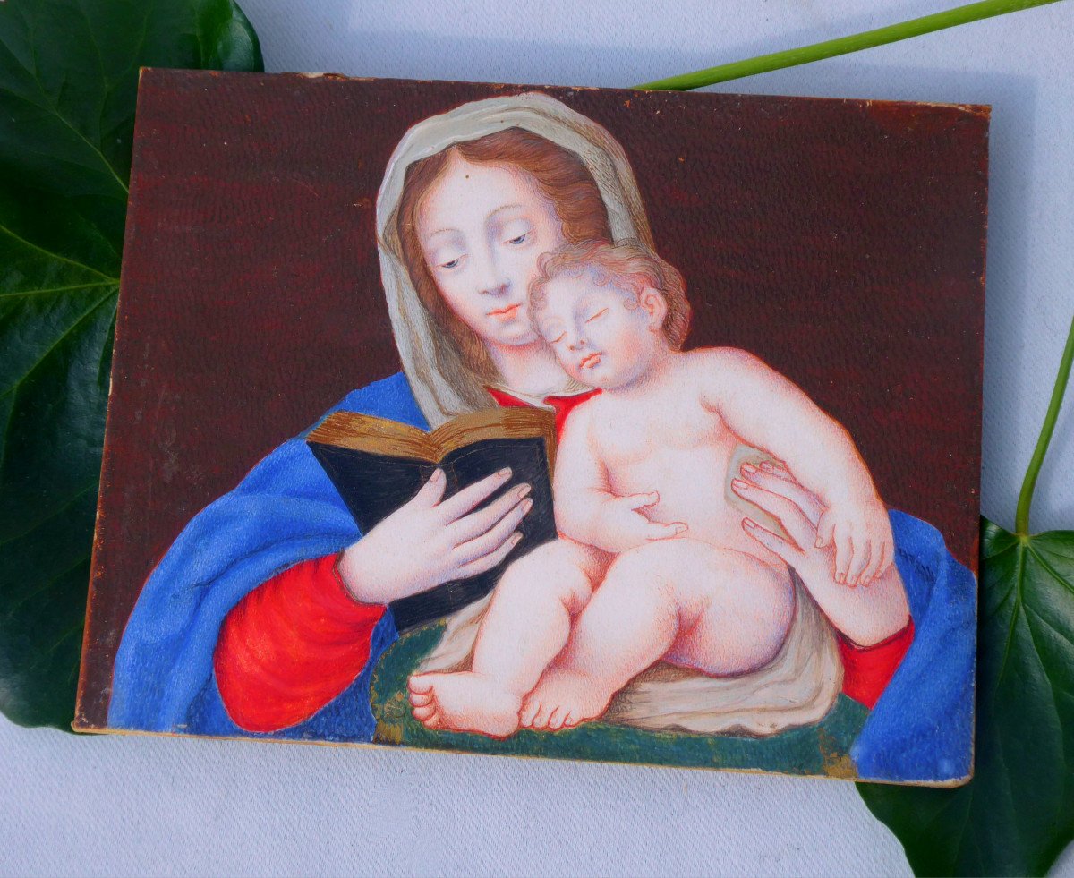 Gouache On Velin Eighteenth Century Virgin And Child Golden Stucco Frame, Religious Painting-photo-4