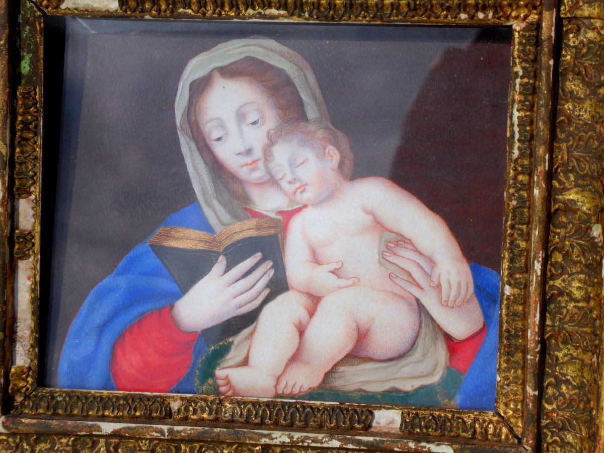 Gouache On Velin Eighteenth Century Virgin And Child Golden Stucco Frame, Religious Painting-photo-1