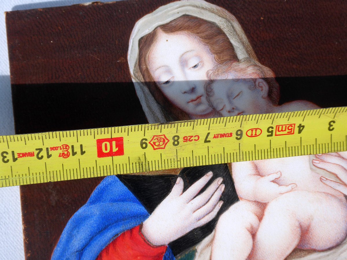 Gouache On Velin Eighteenth Century Virgin And Child Golden Stucco Frame, Religious Painting-photo-2