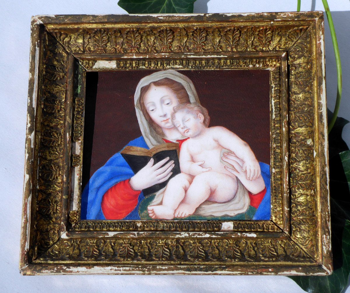 Gouache Sur Velin époque XVIIIe Siecle Vierge à l'Enfant Cadre Stuc Doré , Peinture Religieuse