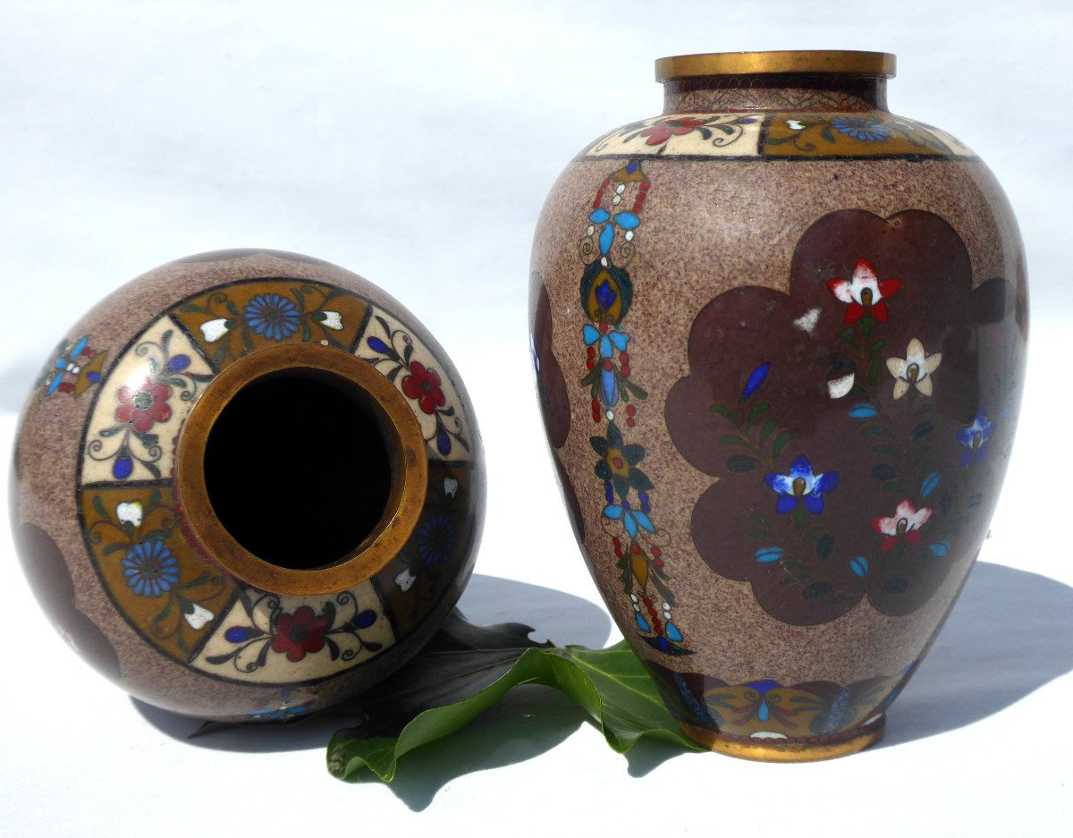 Pair Of Japanese Cloisonne Bronze Vases Period 1900, Art Nouveau Decor Asia Nineteenth Vase Japan-photo-2