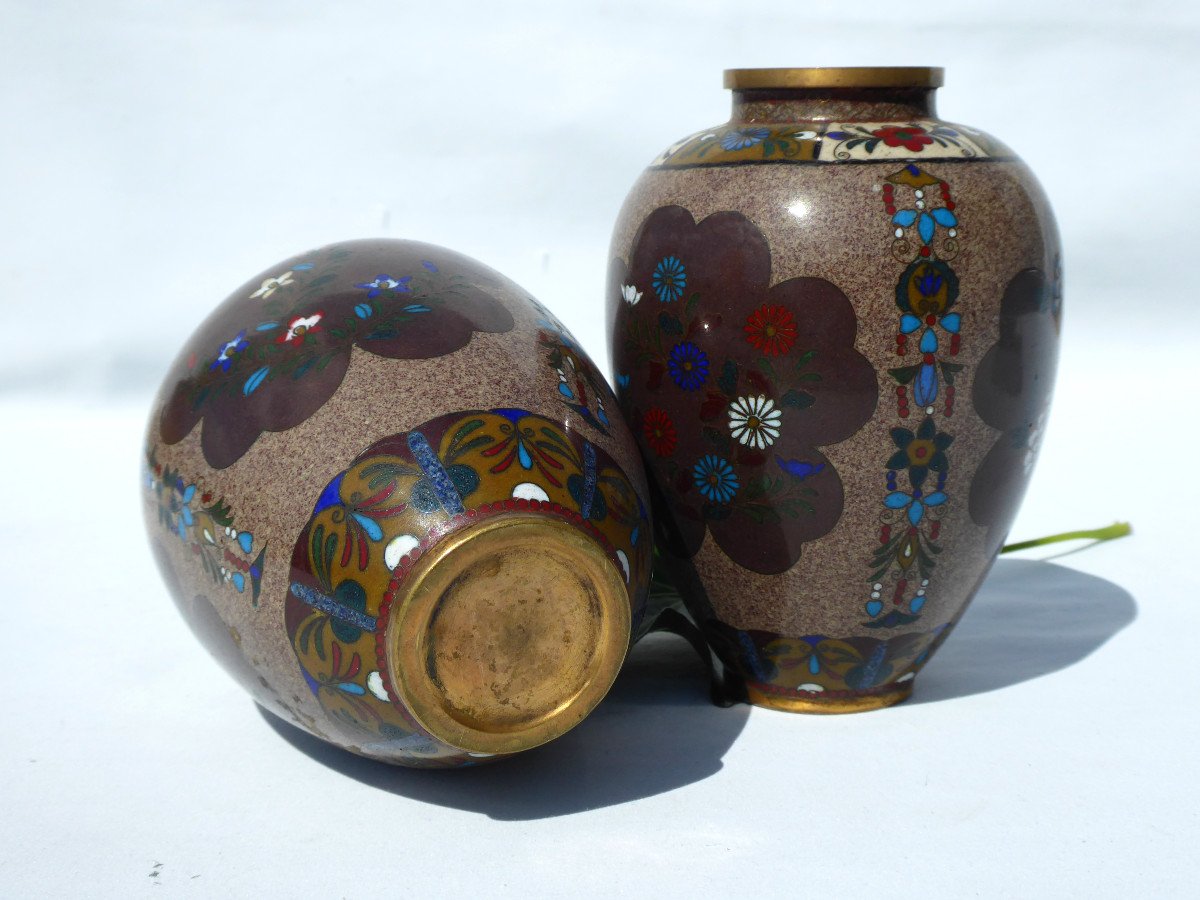 Pair Of Japanese Cloisonne Bronze Vases Period 1900, Art Nouveau Decor Asia Nineteenth Vase Japan-photo-4