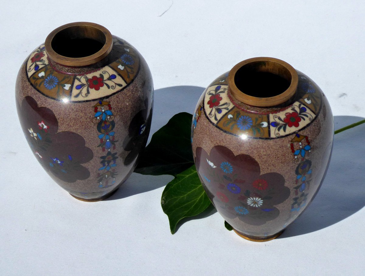 Paire De Vases Japonais Bronze Cloisonné Epoque 1900 , Decor Art Nouveau Asie XIXe Vase Japon-photo-2