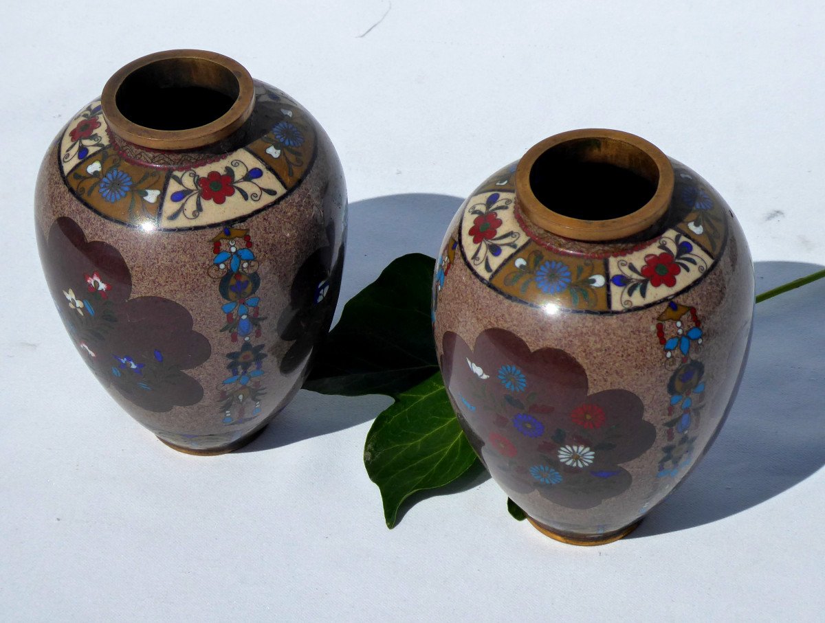 Pair Of Japanese Cloisonne Bronze Vases Period 1900, Art Nouveau Decor Asia Nineteenth Vase Japan-photo-2