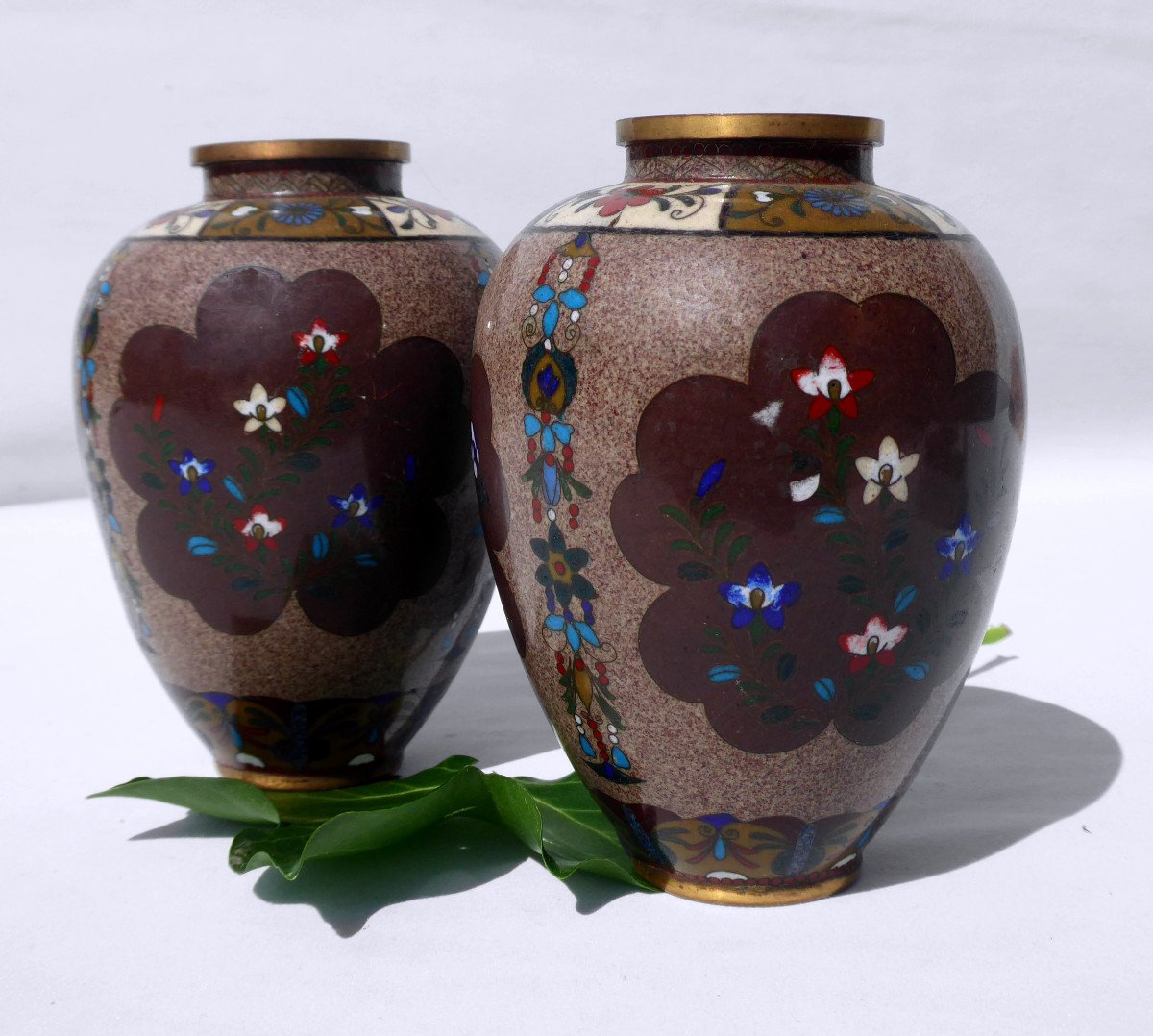 Paire De Vases Japonais Bronze Cloisonné Epoque 1900 , Decor Art Nouveau Asie XIXe Vase Japon