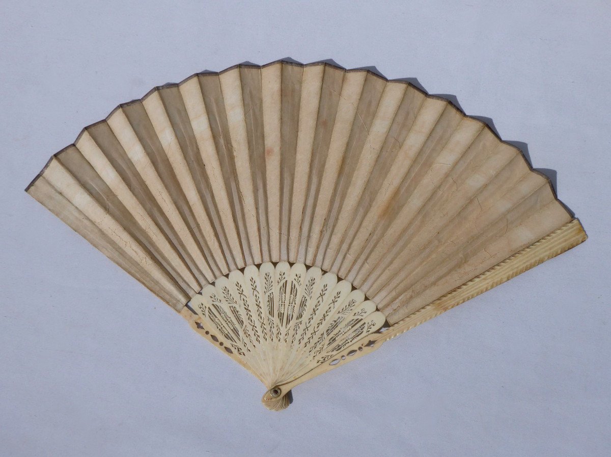 Empire Period Fan, Colorized Engraving With Children's Decor, Ivory Frame Nineteenth Fan-photo-2